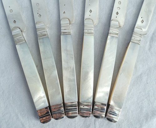 Set of 6 fruit knives, solid silver blade, mother-of-pearl handle, Vieillard hallmark