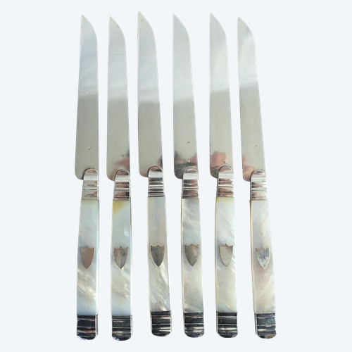 Set of 6 fruit knives, solid silver blade, mother-of-pearl handle, Vieillard hallmark