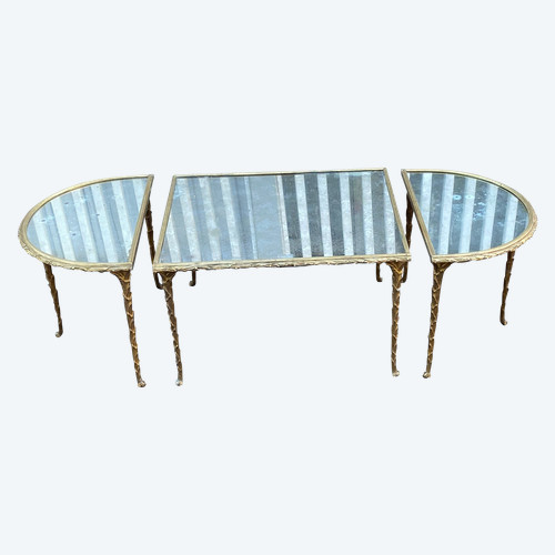 1970′ Tavolo tripartito Maison Charles, Jansen Ou Baguès Palm Tree Design Piani a specchio in bronzo dorato