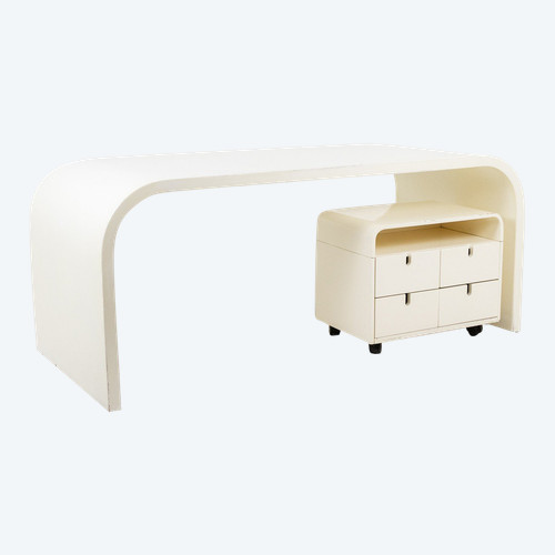 Desk and its cardboard box in white lacquered plywood. 1970s. LS56601111A