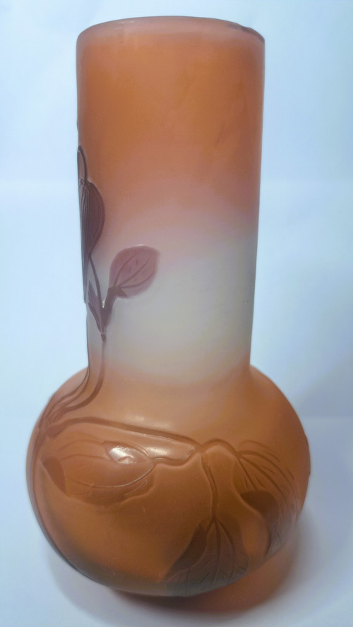  Gallé-Soliflore-Vase aus mehrschichtigem Glas, verziert mit Blumen auf rosa Hintergrund. Signiert im oberen Dekor1