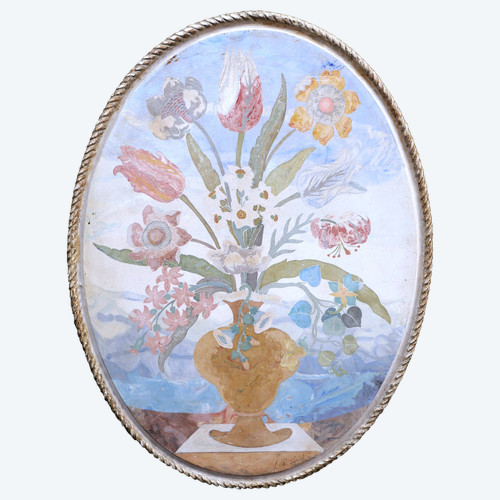 Lodovico et Renzo CUPIOLI, Plaque ovale en scagliola à décor d'un vase fleuri