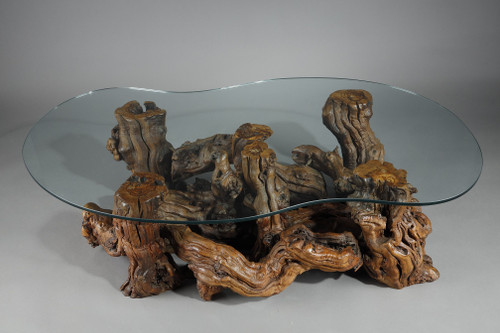 COFFEE TABLE MADE OF TREE ROOTS WITH BEAN-SHAPED GLASS TOP