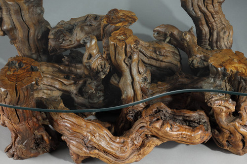 COFFEE TABLE MADE OF TREE ROOTS WITH BEAN-SHAPED GLASS TOP