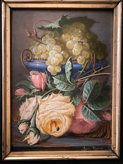 Louis Piraud. Nature morte aux raisins et roses. Huile sur carton encadrée. XIXème