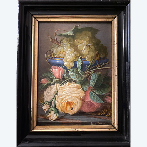 Louis Piraud. Nature morte aux raisins et roses. Huile sur carton encadrée. XIXème