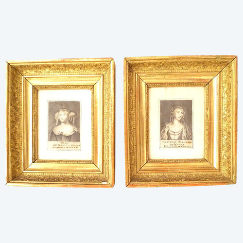 Pair of Drawings Portraits of the Marquise Madame De Sévigné and Daughter Françoise, 19th Century