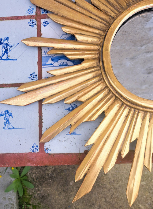 Mid-20th century starry gilded wooden sun mirror