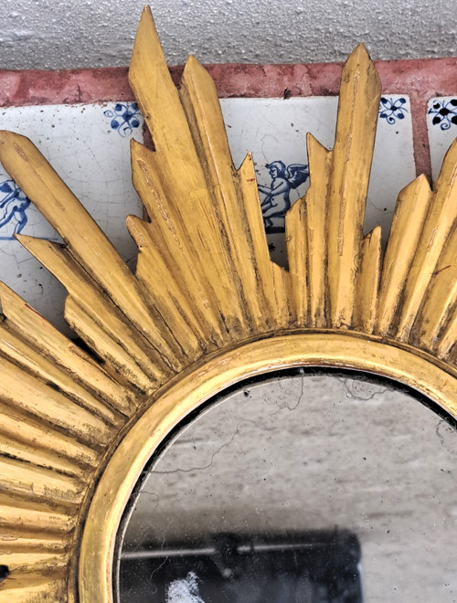 Mid-20th century starry gilded wooden sun mirror