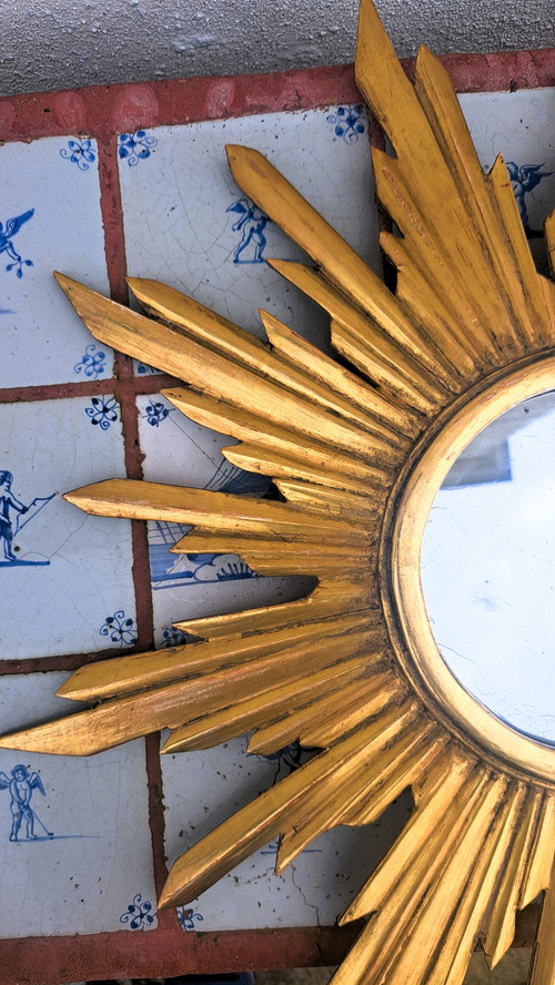 Mid-20th century starry gilded wooden sun mirror