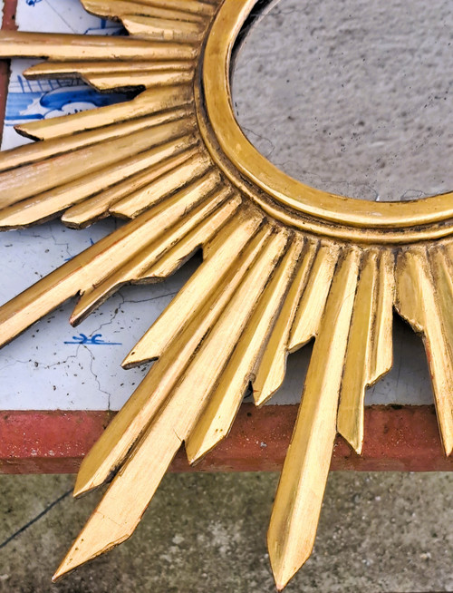 Mid-20th century starry gilded wooden sun mirror