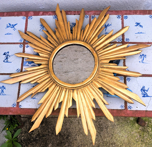 Mid-20th century starry gilded wooden sun mirror