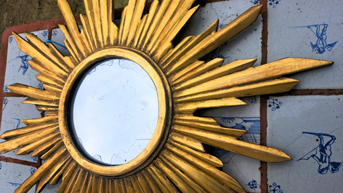 Mid-20th century starry gilded wooden sun mirror