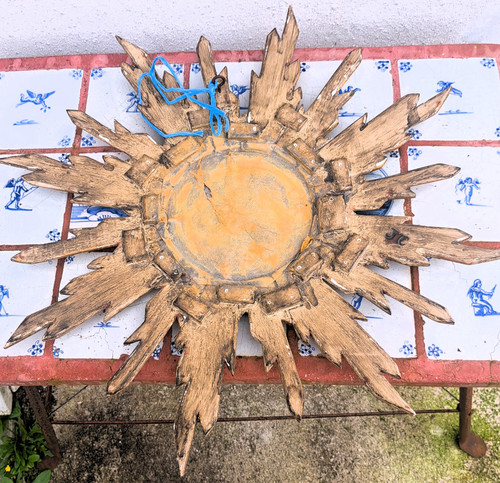 Mid-20th century starry gilded wooden sun mirror