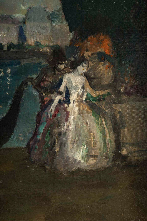 Marcel Cosson (1878-1956) Harlequin and Columbine in Venice oil on canvas circa 1900