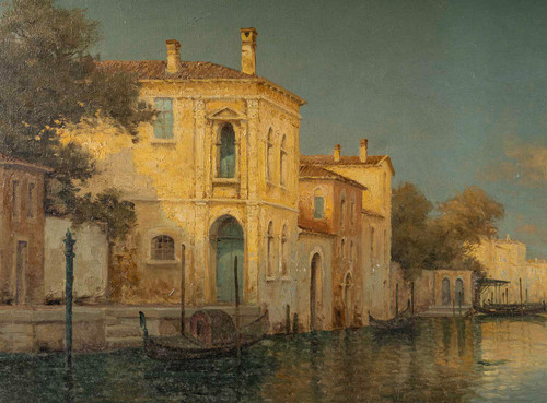 Alphonse Lecoz Un Canale a Venezia e Santa Maria della Salute sullo sfondo olio su tela 18 circa