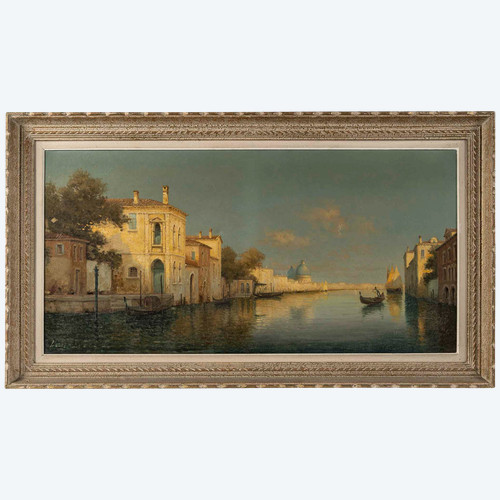 Alphonse Lecoz Un Canale a Venezia e Santa Maria della Salute sullo sfondo olio su tela 18 circa