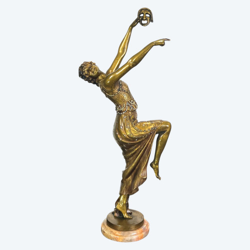 BRONZO POLICROMO SMALTATO ART DECO FIRMATO DA JOE DESCOMPS ALTO 64 CM