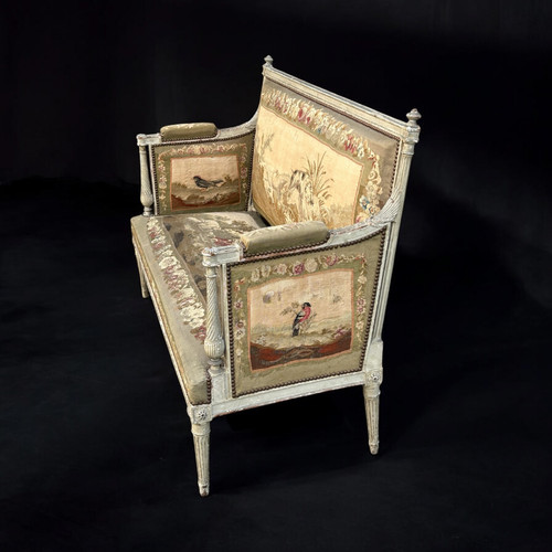 Two-seater sofa - bench in lacquered wood and Louis XVI - Directoire period tapestry