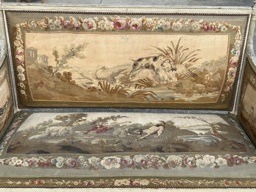 Two-seater sofa - bench in lacquered wood and Louis XVI - Directoire period tapestry