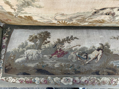 Two-seater sofa - bench in lacquered wood and Louis XVI - Directoire period tapestry