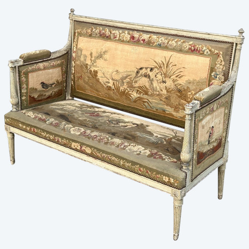 Two-seater sofa - bench in lacquered wood and Louis XVI - Directoire period tapestry