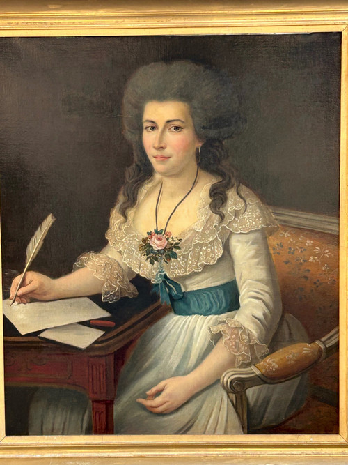 Large Portrait of a Woman Writing Oil on Canvas Late 18th Century