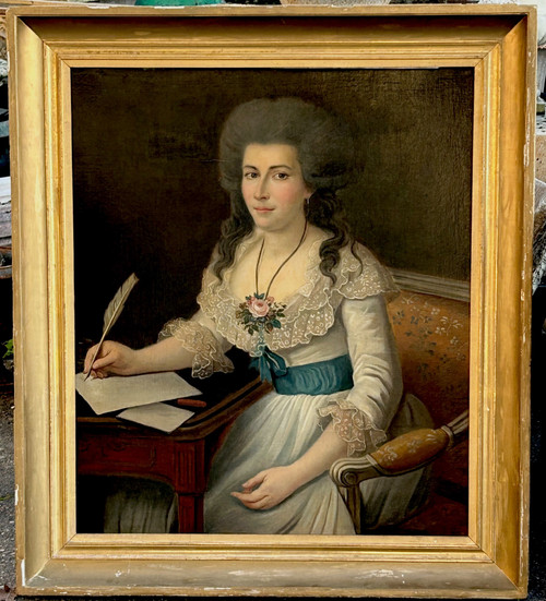 Large Portrait of a Woman Writing Oil on Canvas Late 18th Century