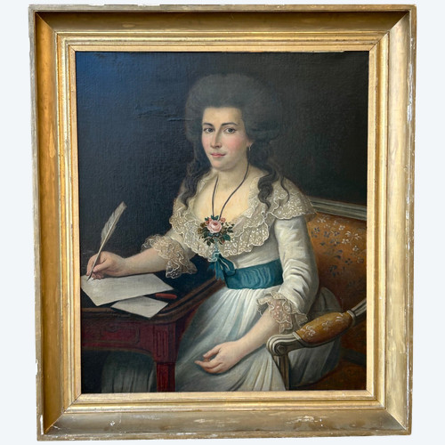 Large Portrait of a Woman Writing Oil on Canvas Late 18th Century