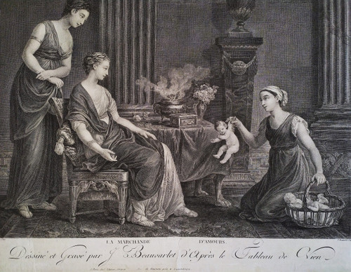 Gravure  Ancienne Par Beauvarlet La Marchande d'Amours 18ème