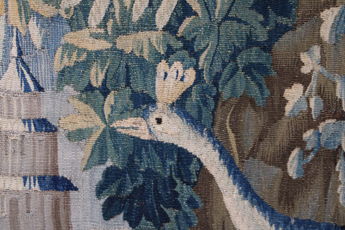 "Aubusson tapestry "Exotic landscape with peacock and pagoda" 18th century."