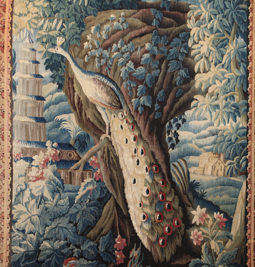 "Aubusson tapestry "Exotic landscape with peacock and pagoda" 18th century."