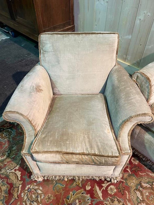 Living room sofa and pair of Napoleon III velvet armchairs