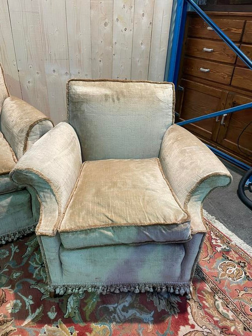 Living room sofa and pair of Napoleon III velvet armchairs