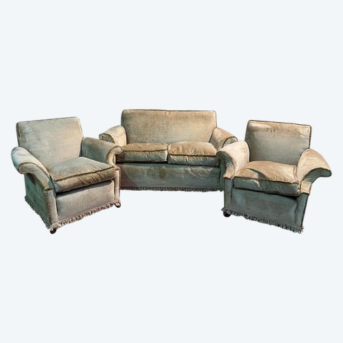 Living room sofa and pair of Napoleon III velvet armchairs