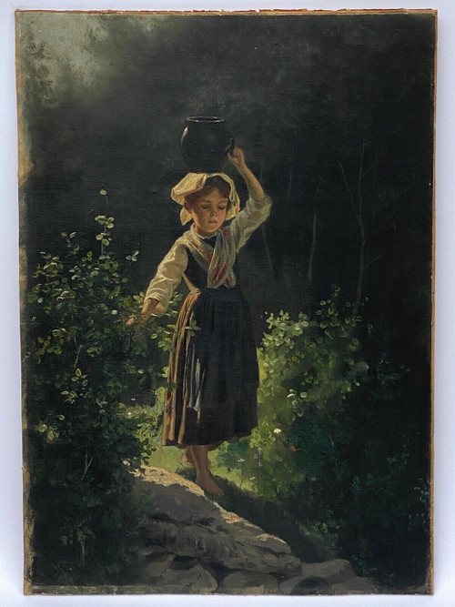 Oil on cardboard young girl with a pitcher late 19th century undergrowth Barbizon