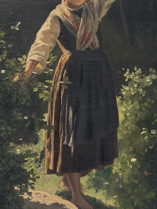 Oil on cardboard young girl with a pitcher late 19th century undergrowth Barbizon