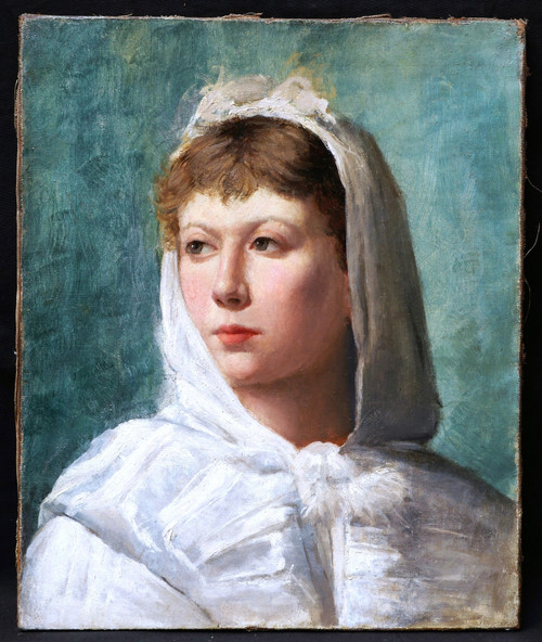 Attributed To William Albert Ablett, Portrait Of A Woman In A White Hooded Cloak