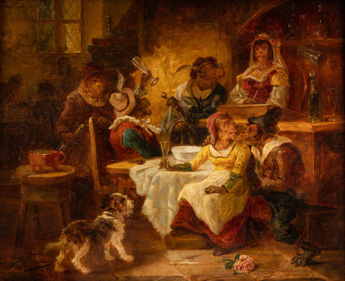 Zacharie Noterman (1820-1890) La Taverne des Singes olio su tavola 1860 circa