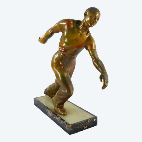 Statue in spelter marble and onyx base The Petanque Player