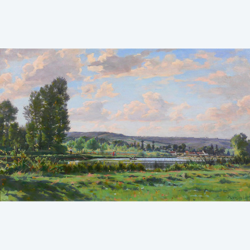 Jules ROUSSET 1840-1921 Burgund, Landschaft der Yonne bei Auxerre, Gemälde, 1902