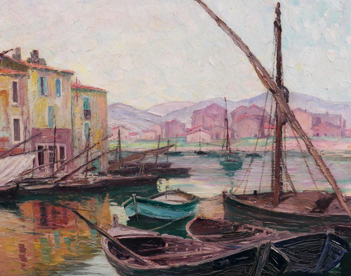 Adolphe COSSARD 1880-1952, Martigues, paesaggio con barche, pittura, 1930 circa