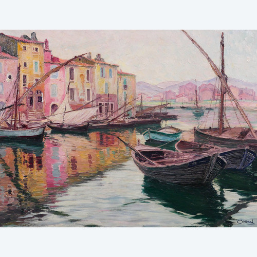 Adolphe COSSARD 1880-1952, Martigues, paesaggio con barche, pittura, 1930 circa