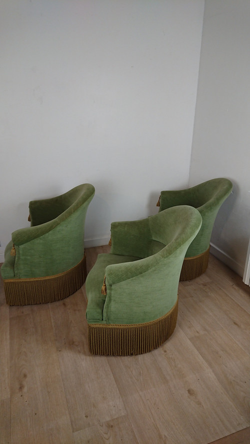 Set of 3 bottle green toad armchairs