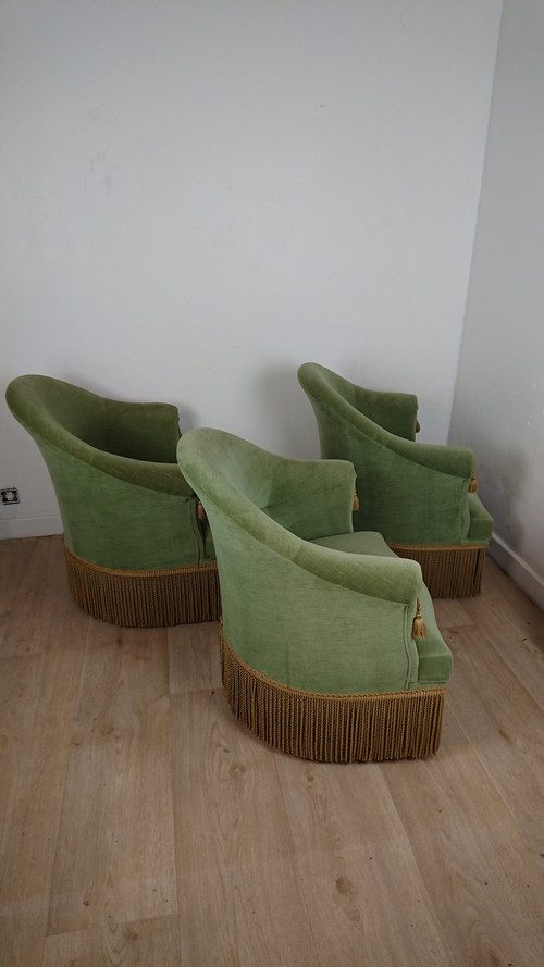 Set of 3 bottle green toad armchairs