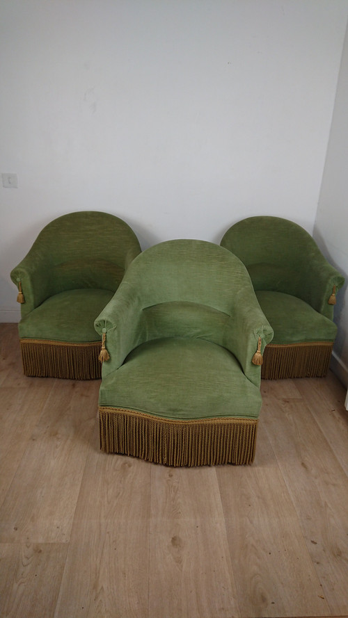 Set of 3 bottle green toad armchairs