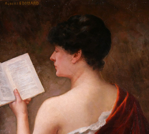 Albert-Jules EDOUARD 1845-1919 Femme de dos lisant un livre, tableau, Art Nouveau, portrait