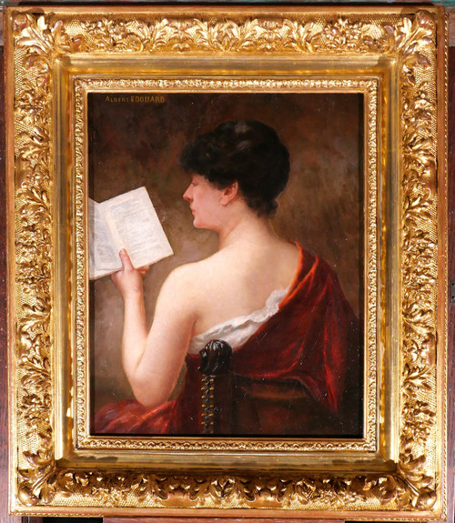 Albert-Jules EDOUARD 1845-1919 Femme de dos lisant un livre, tableau, Art Nouveau, portrait