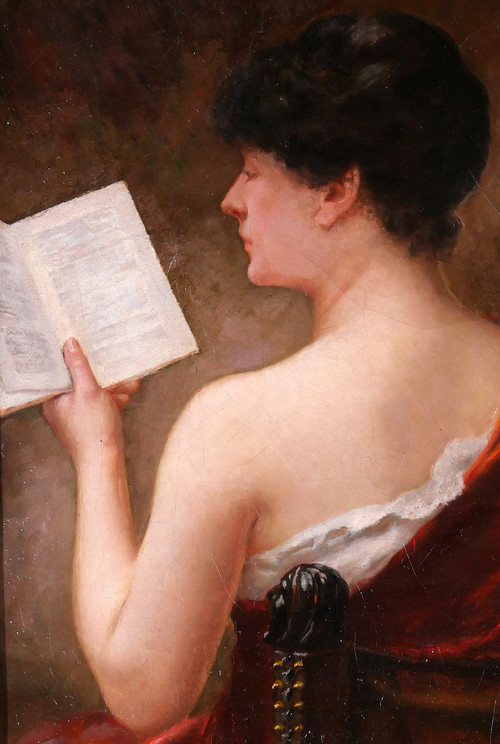 Albert-Jules EDOUARD 1845-1919 Femme de dos lisant un livre, tableau, Art Nouveau, portrait