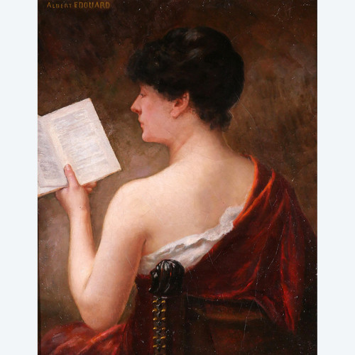 Albert-Jules EDOUARD 1845-1919 Femme de dos lisant un livre, tableau, Art Nouveau, portrait